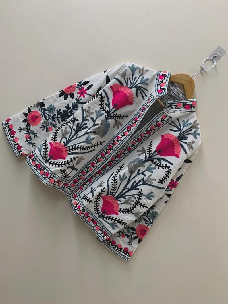 NEW COLLECTION White Hand-Embroidered Velvet Suzani Jacket – Boho Ethnic Kimono Outerwear Mother's Day Gift Bohozani