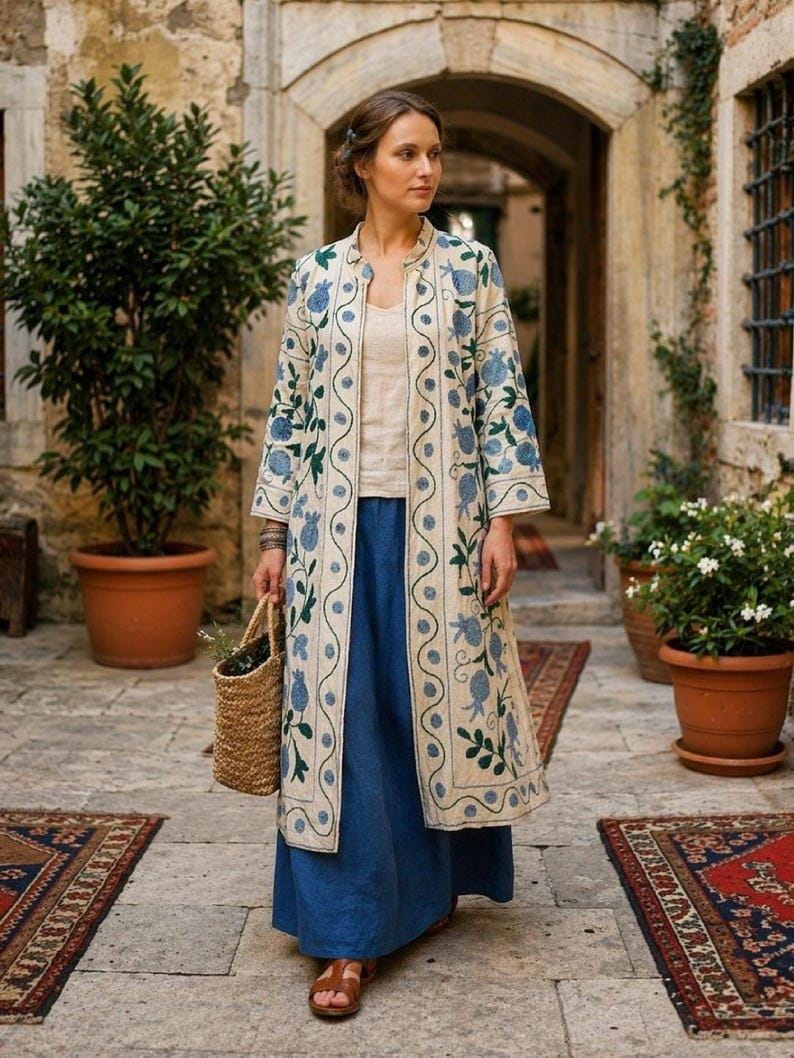 Hand Embroidered Suzani Kaftan – Organic Cotton Boho Kimono Coat Bohozani