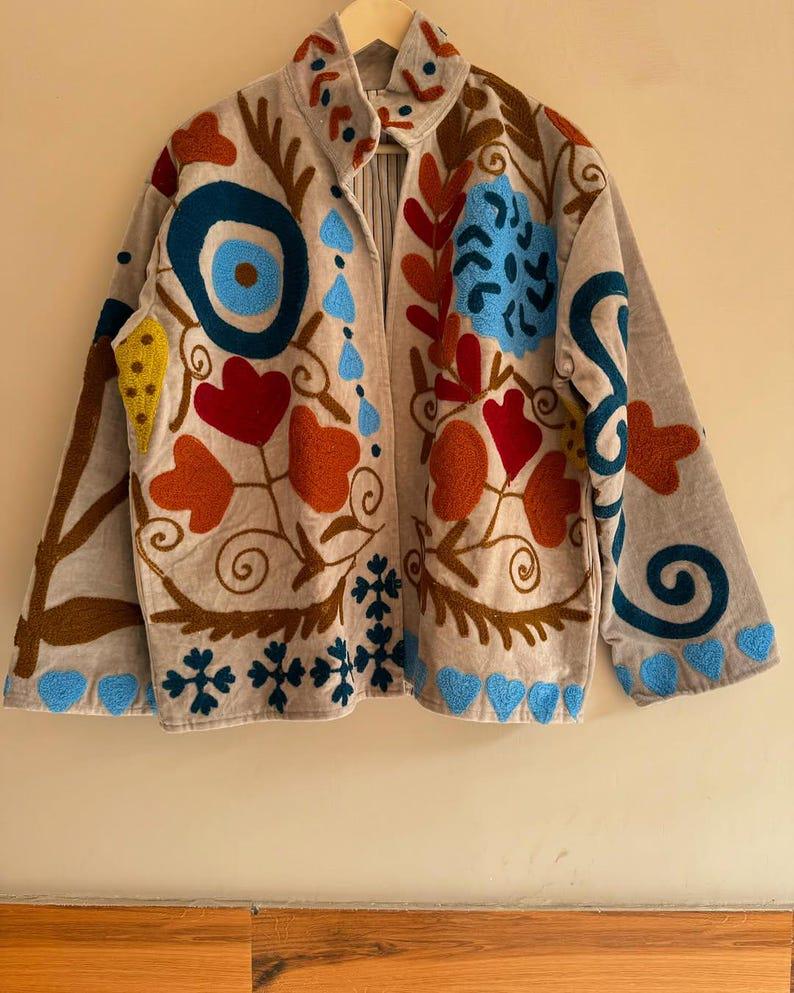Hand-Embroidered Suzani Velvet Jacket | Boho Floral Duster Coat Bohozani