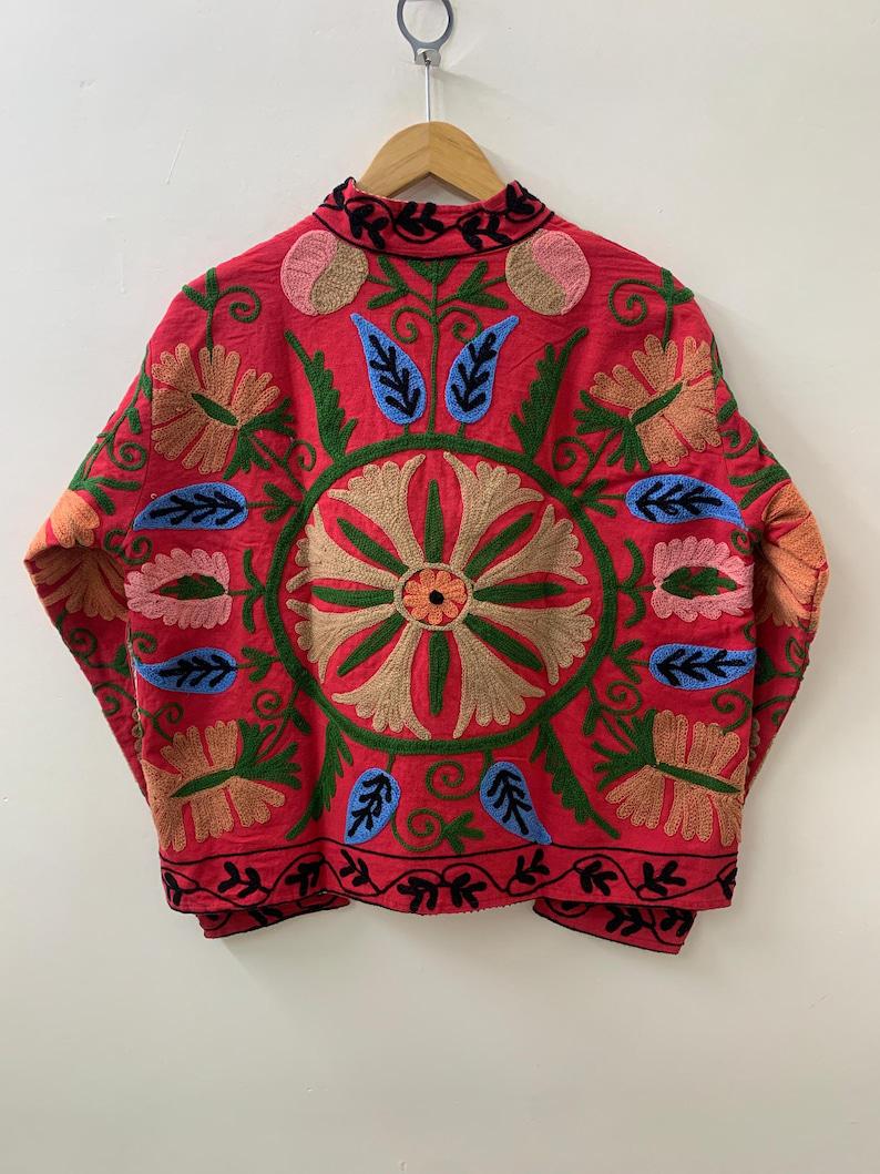Red Suzani Embroidered Velvet Jacket – Boho Floral Kimono Coat Bohozani