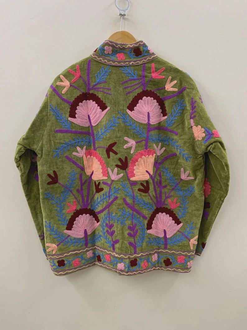 Bohemian Velvet Suzani Floral Embroidered Cropped Jacket, Hand-Embroidered Uzbek Motifs Bohozani