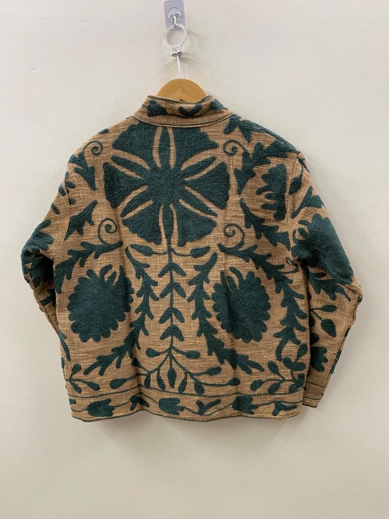 Embroidered Cotton Velvet Suzani Jacket, Bohemian Floral Folk Art Coat Bohozani