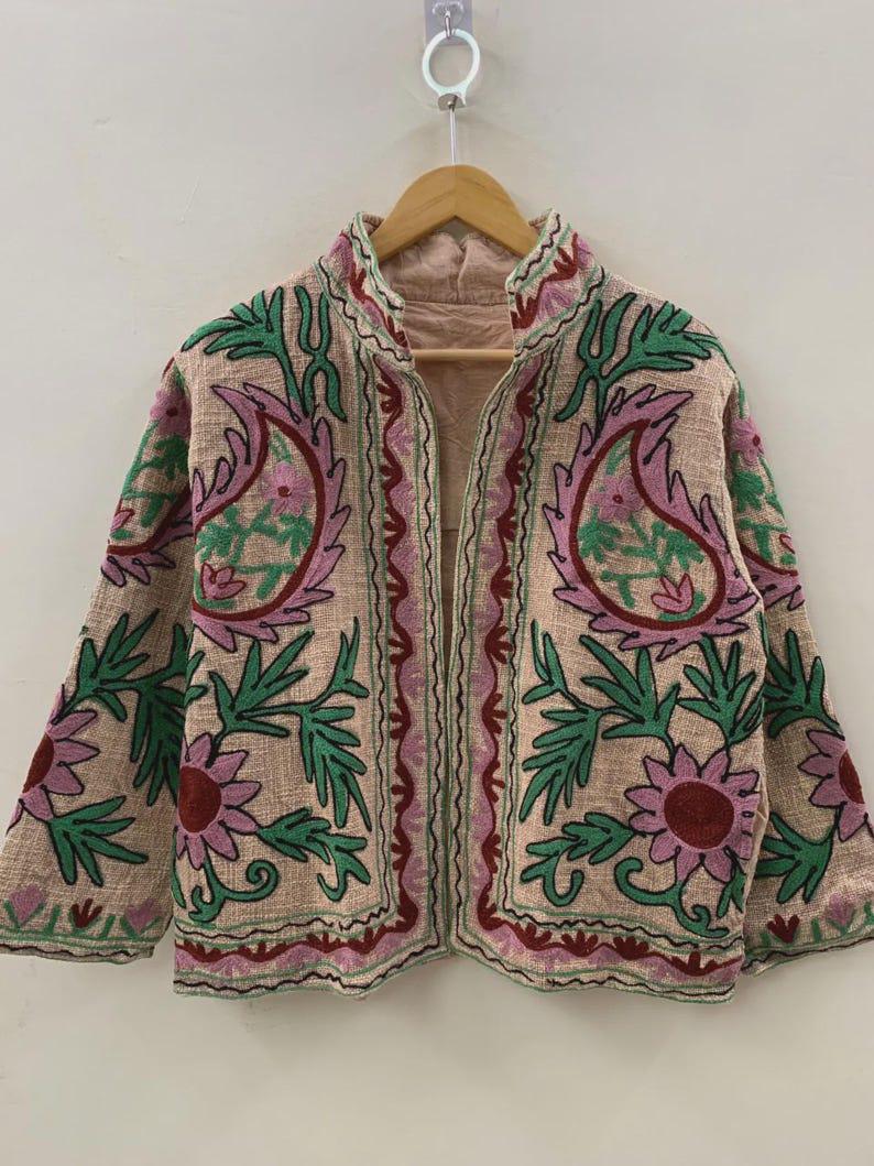 Embroidered Cotton Velvet Jacket | Floral Folk Art Boho Outerwear Bohozani