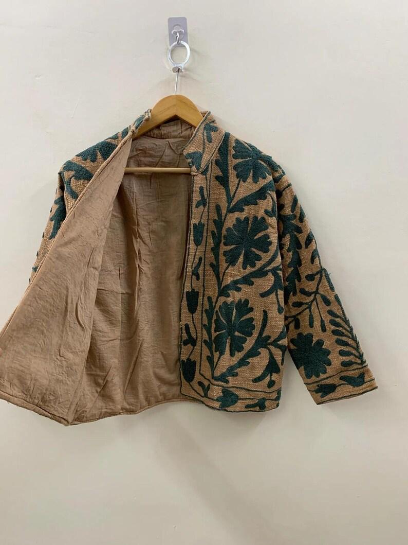 Embroidered Cotton Velvet Suzani Jacket, Bohemian Floral Folk Art Coat Bohozani