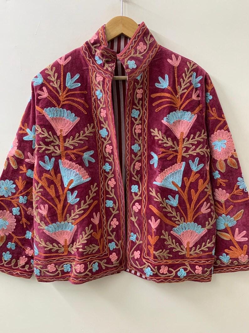 Handmade Red Velvet Suzani Jacket | Embroidered Bohemian Cropped Coat Bohozani