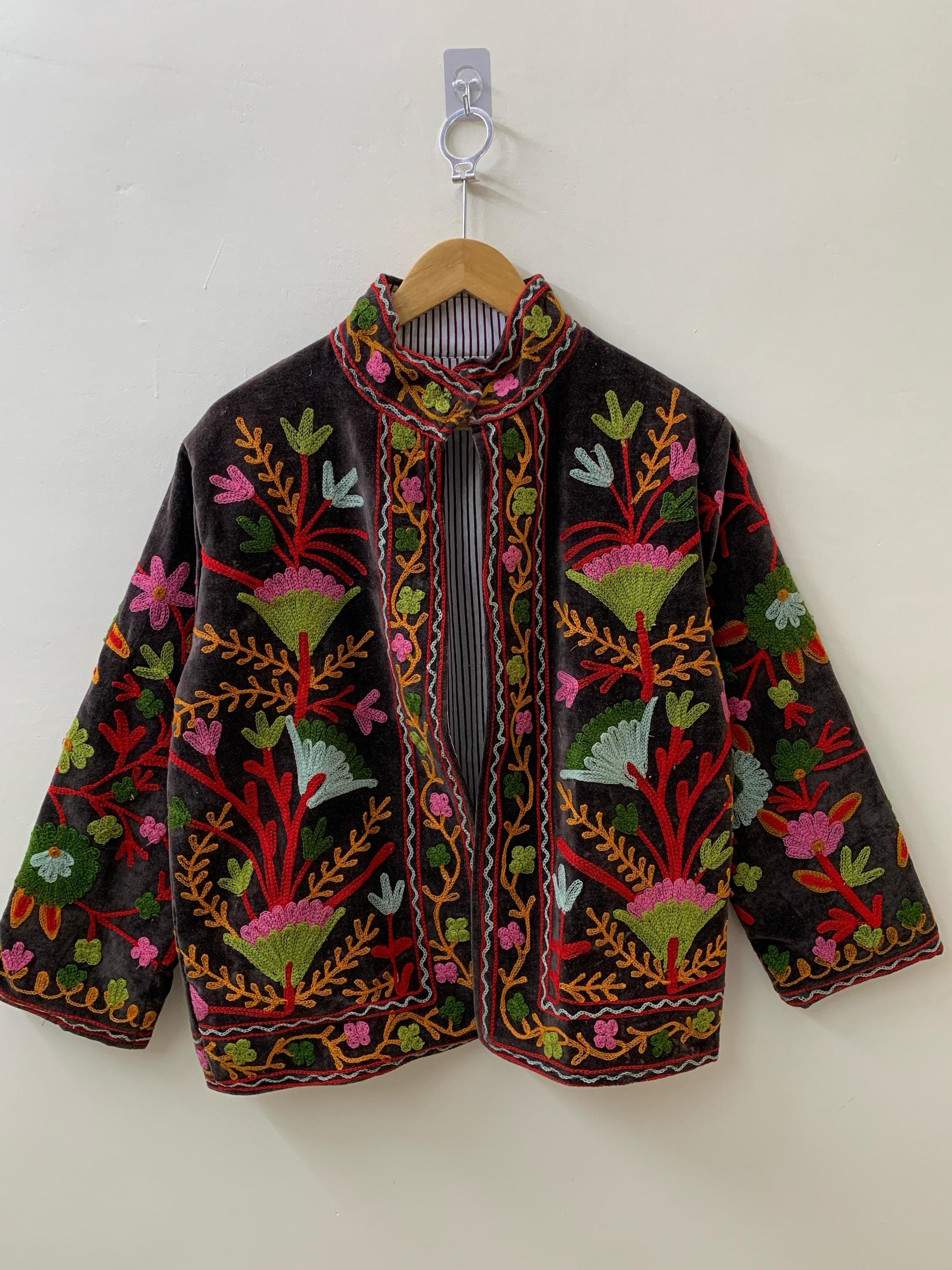 Embroidered Velvet Kimono Jacket | Suzani Floral Boho Outerwear Bohozani