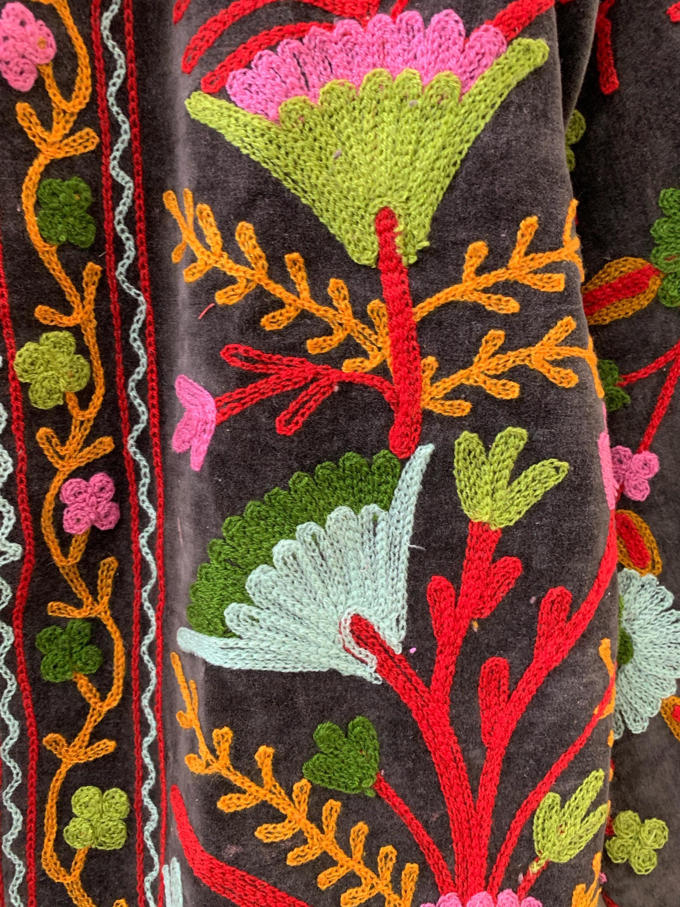 Embroidered Velvet Kimono Jacket | Suzani Floral Boho Outerwear Bohozani