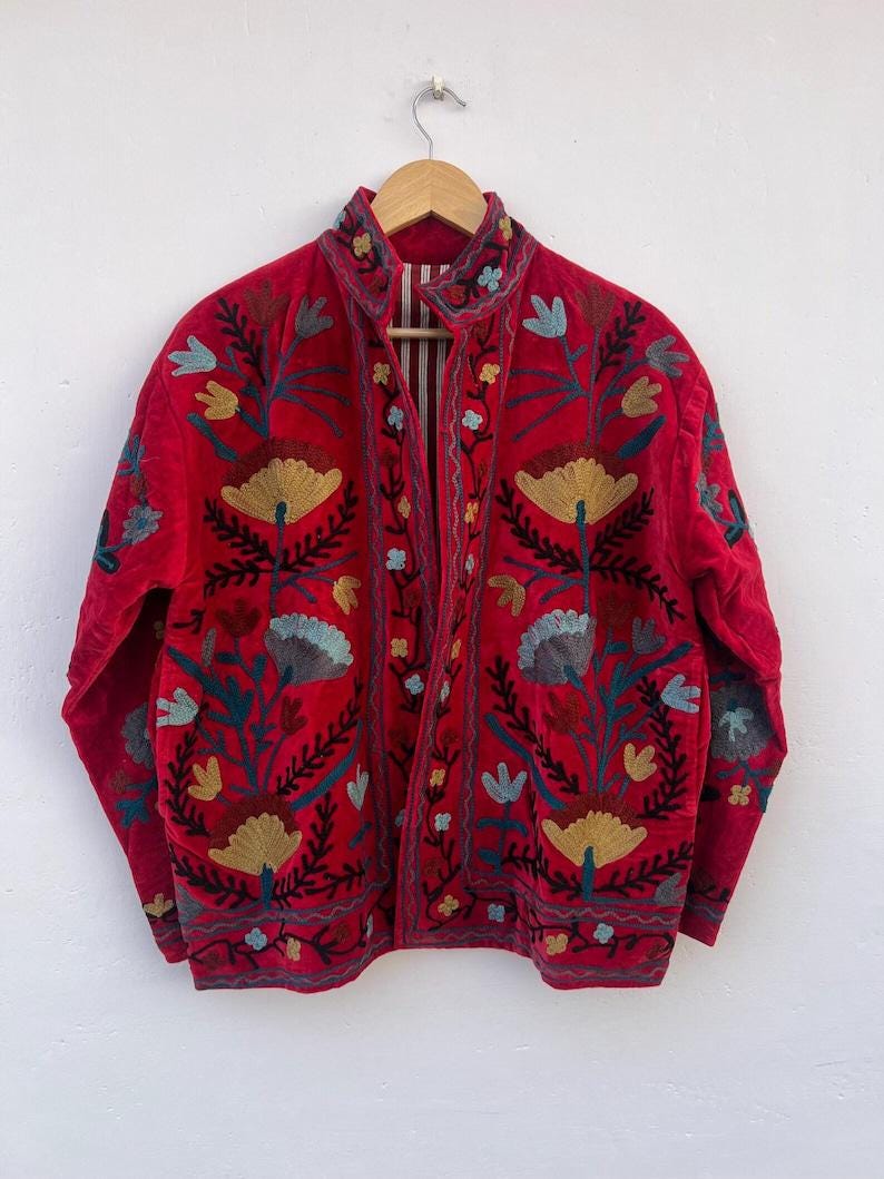 Floral Hand Embroidered Velvet Suzani Coat | Duster Boho Jacket | Gift For Her Bohozani