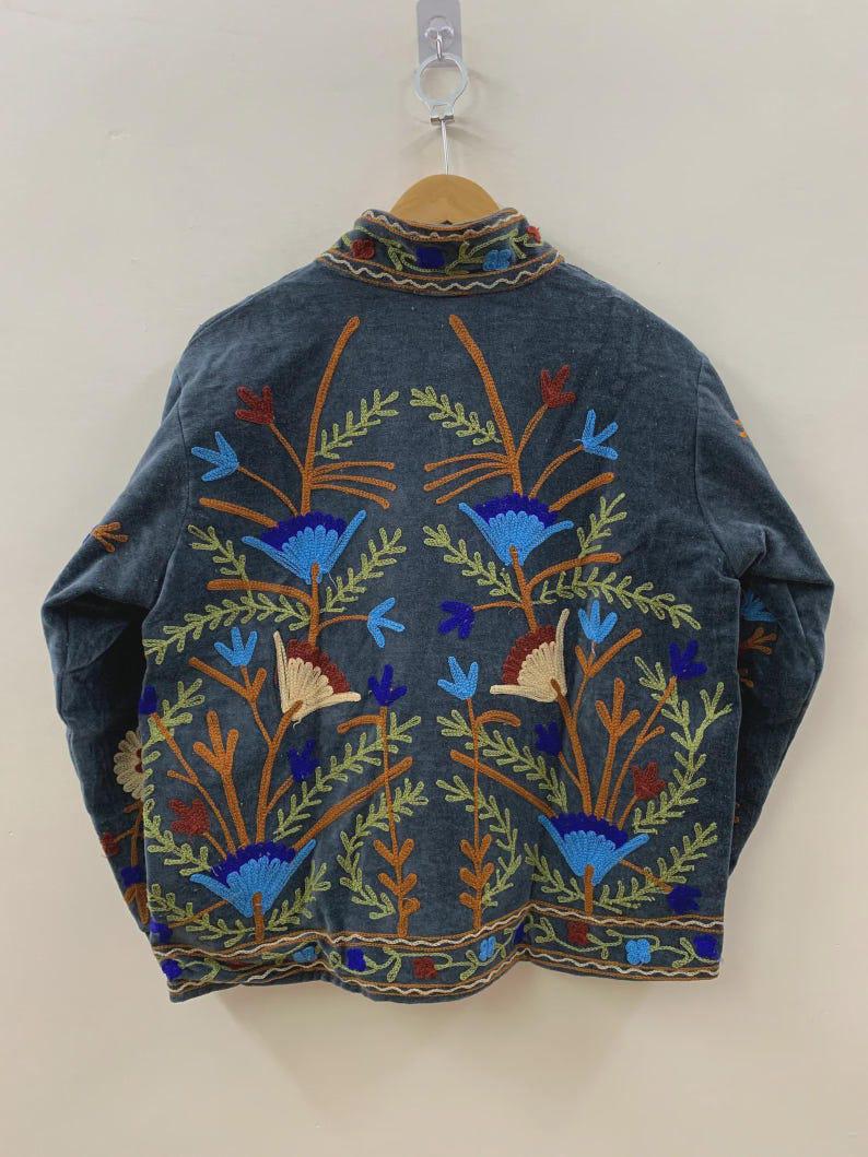 Grey Floral Velvet Suzani Jacket – Hand-Embroidered Boho Ethnic Kimono Outerwear Bohozani