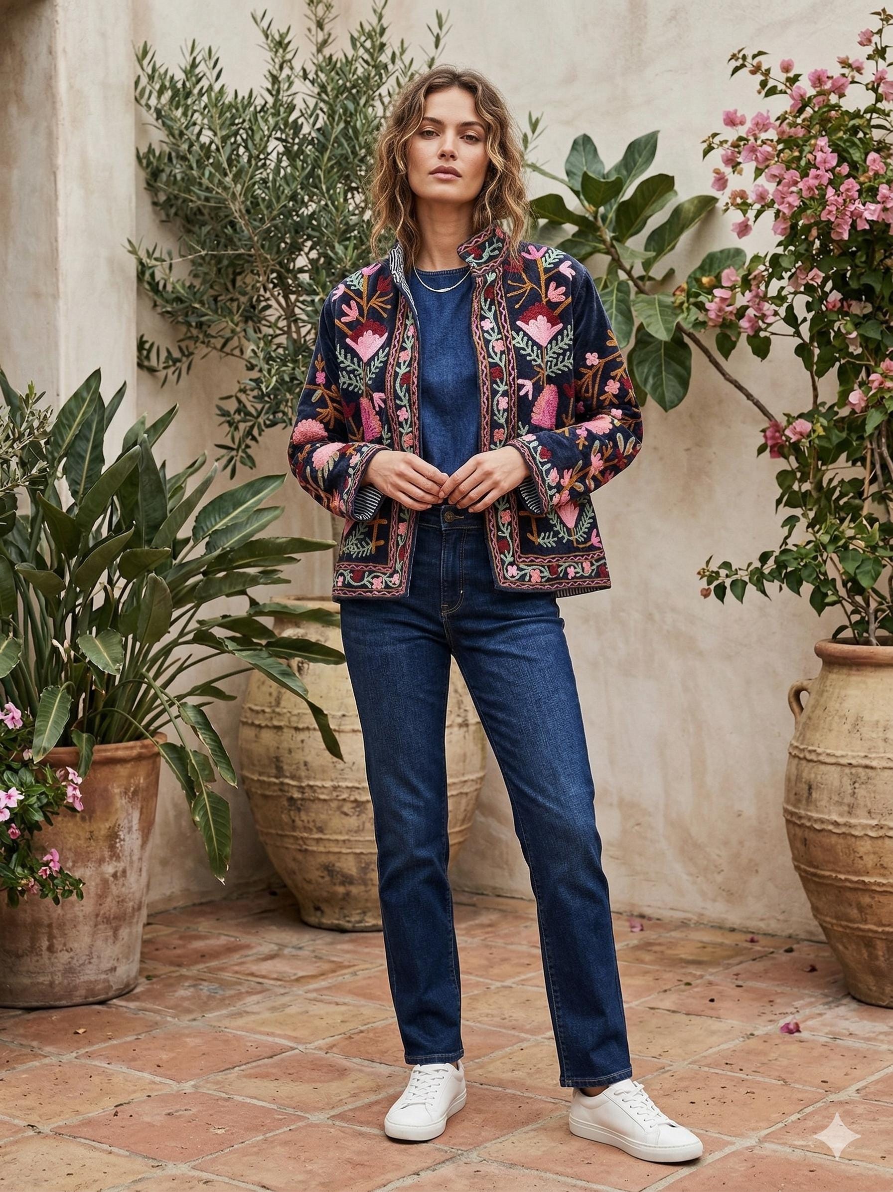 Handmade Suzani Embroidered Cotton Jacket, Boho Kimono Robe Bohozani