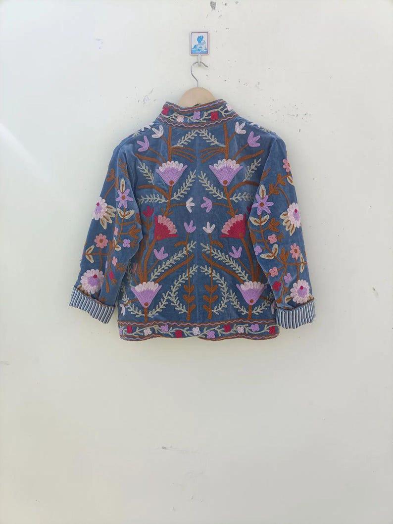 Floral Suzani Velvet Jacket, Hand-Embroidered Boho Ethnic Chic Outerwear Bohozani
