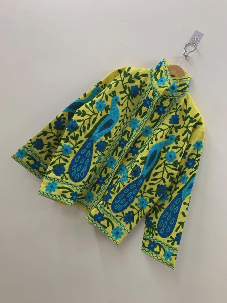 Handmade Suzani Velvet Jacket | Embroidered Peacock Floral Outerwear Bohozani