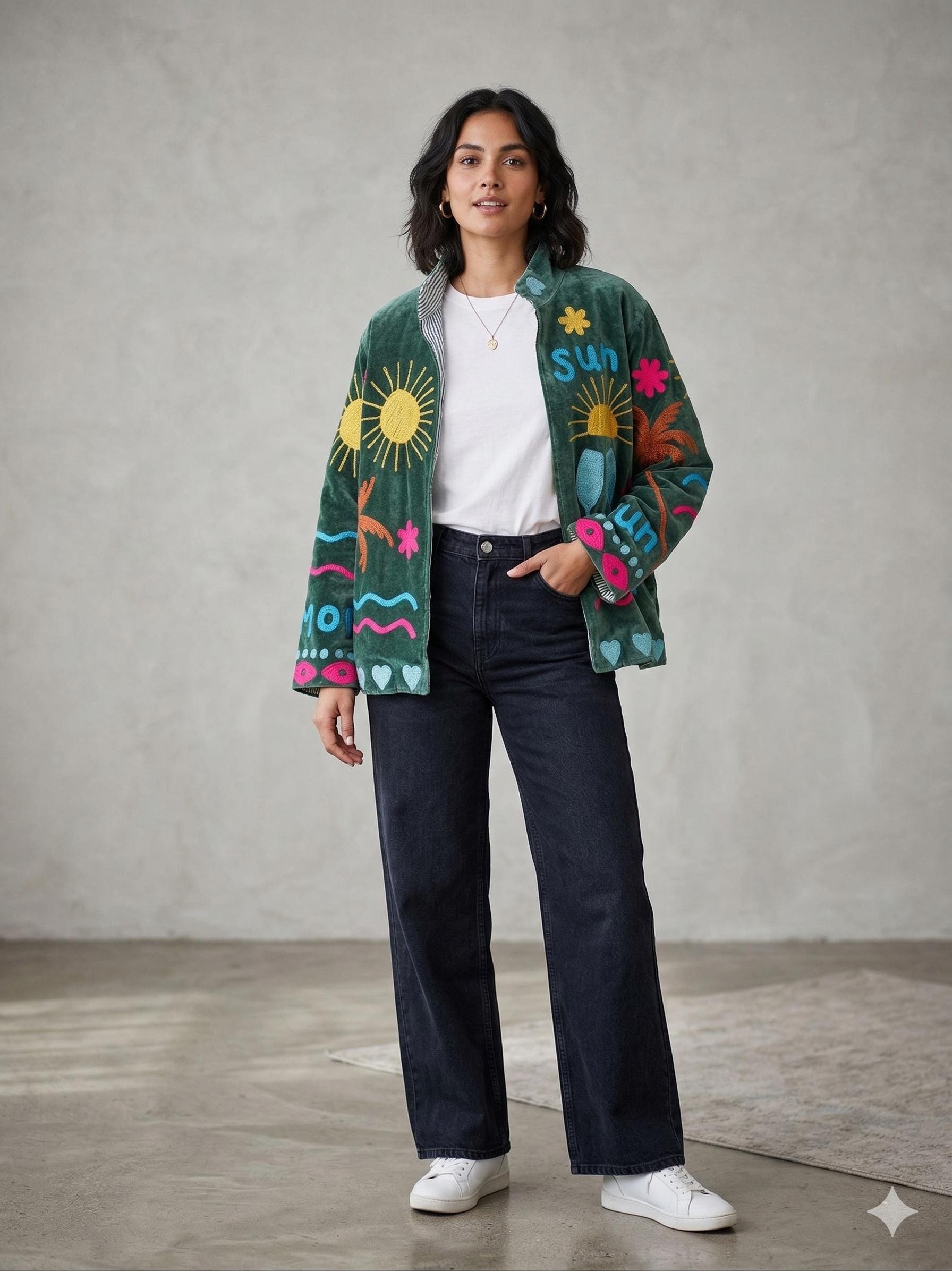 Unique Handmade Sun and Moon Velvet Suzani Embroidered Jacket Bohozani