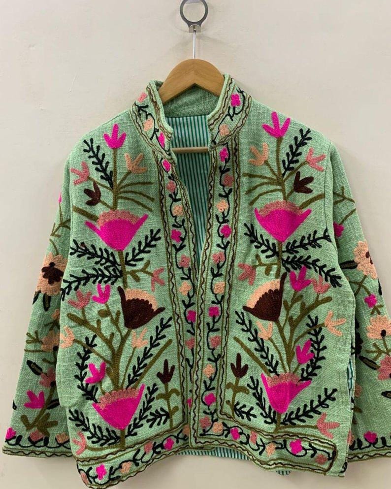 Bohemian Suzani Embroidered Cotton Jacket, Floral Overcoat Bohozani