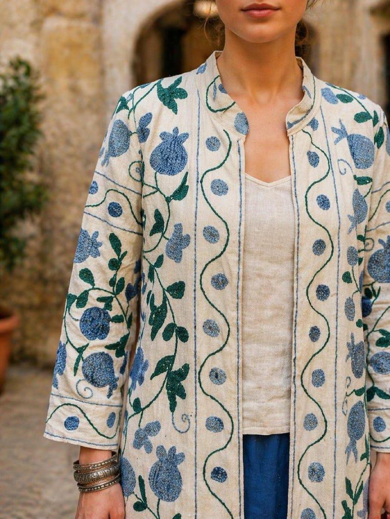 Hand Embroidered Suzani Kaftan – Organic Cotton Boho Kimono Coat Bohozani