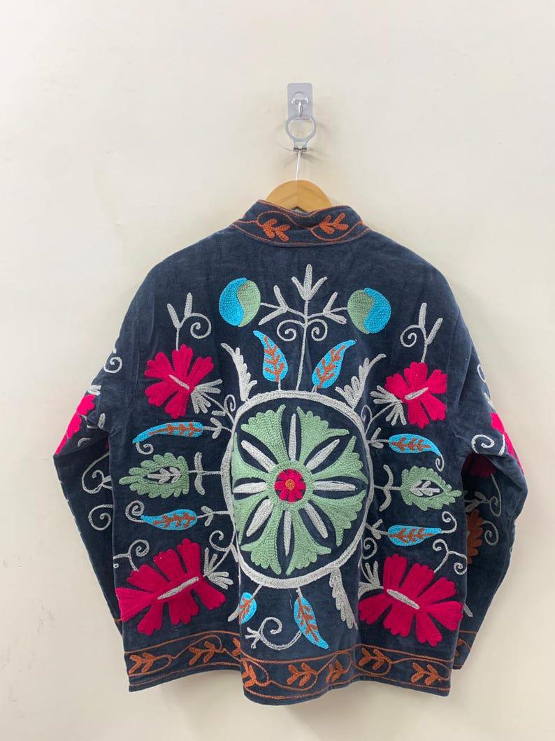Grey Handmade Suzani Velvet Jacket, Embroidered Floral Coat Bohozani