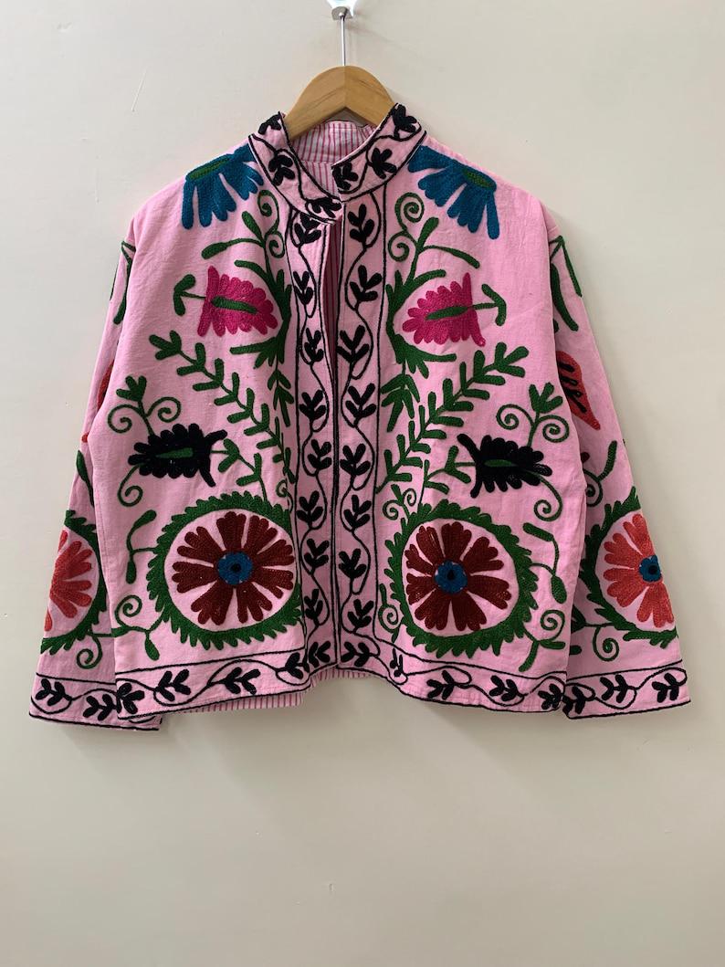 Pink Suzani Embroidered Velvet Jacket – Boho Floral Kimono Coat Bohozani