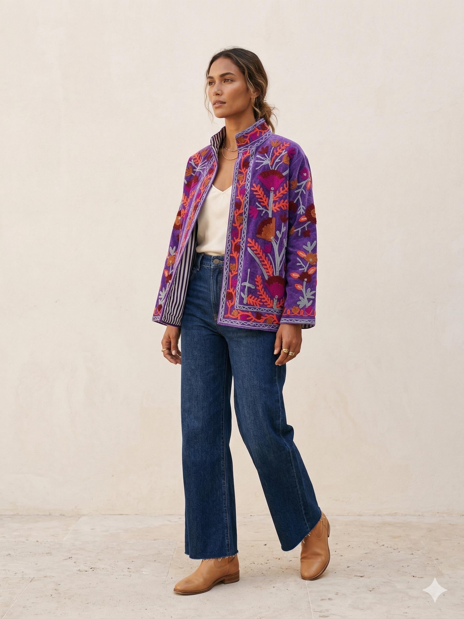 Unique Purple Color Velvet Suzani Jacket – Hand-Embroidered Boho Ethnic Kimono Outerwear Bohozani