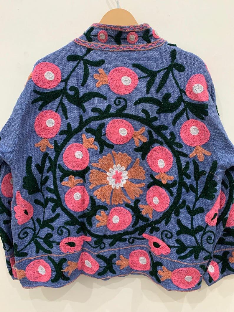 Embroidered Velvet Jacket, Green Floral Suzani Outerwear, Bohemian Style Coat Bohozani