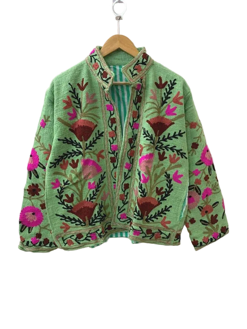 Embroidered Velvet Jacket, Green Floral Suzani Outerwear, Bohemian Style Coat Bohozani