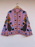 Pink Peacock Embroidered Suzani Jacket | Vibrant Boho Duster | Gift For Her Bohozani