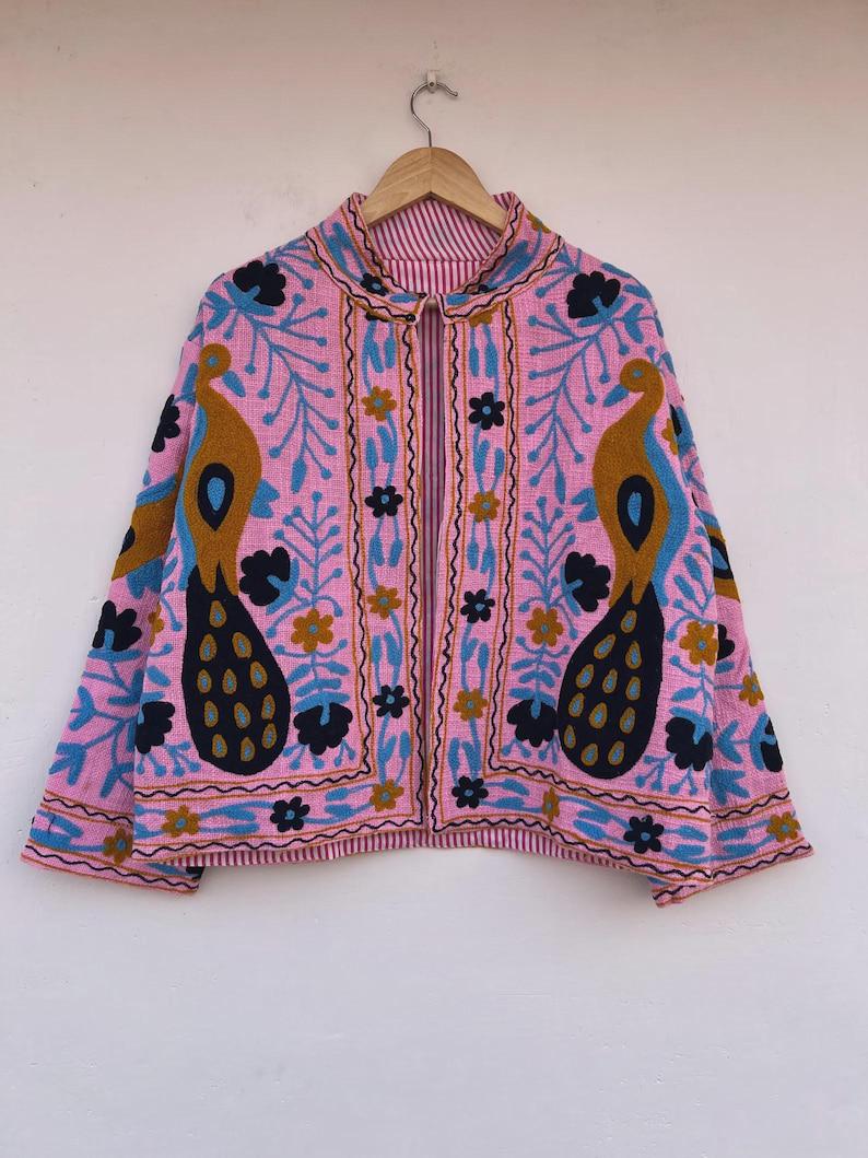 Pink Peacock Embroidered Suzani Jacket | Vibrant Boho Duster | Gift For Her Bohozani