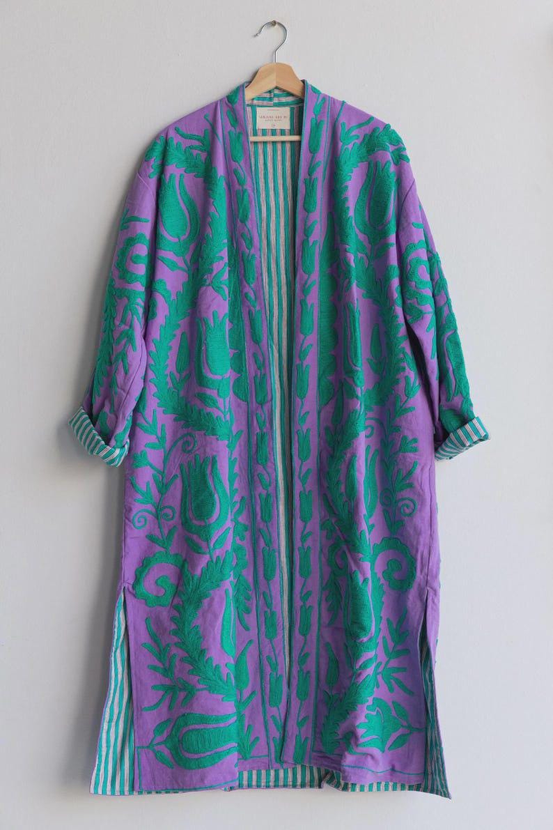 Hand-Embroidered Velvet Suzani Kimono Robe | Purple Floral Boho Duster Jacket Bohozani