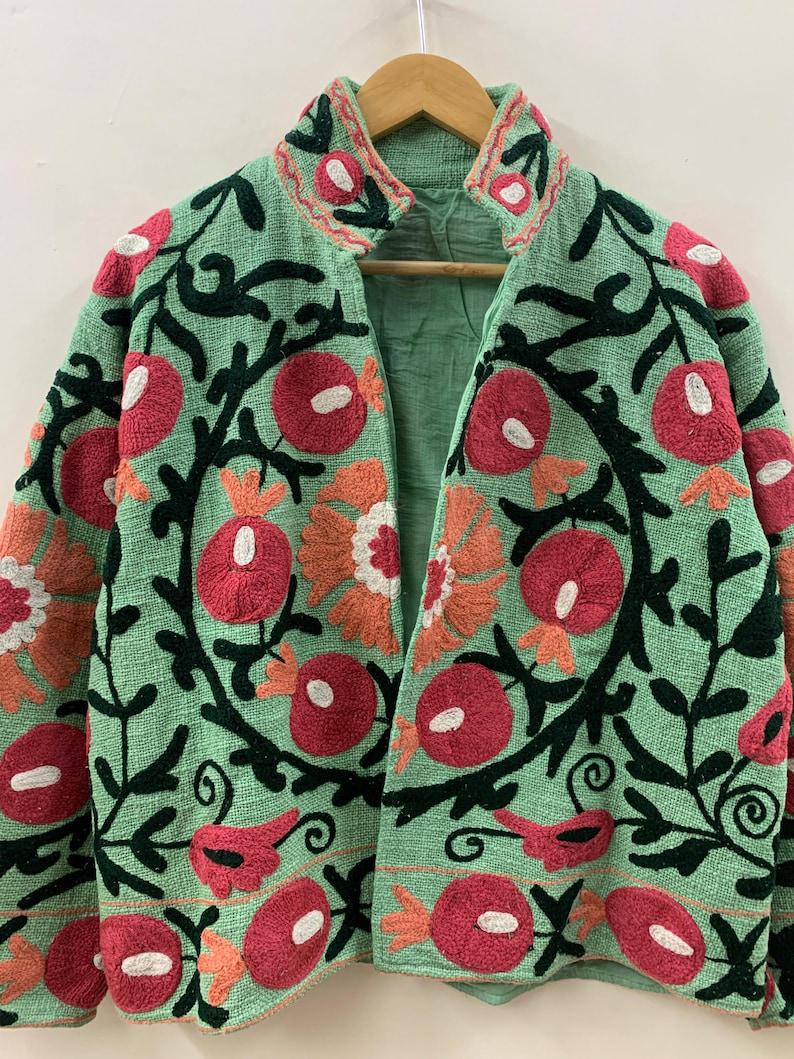 Green Suzani Embroidered Boho Jacket | Handcrafted Festival Coat, Upcycled Fabric Bohozani