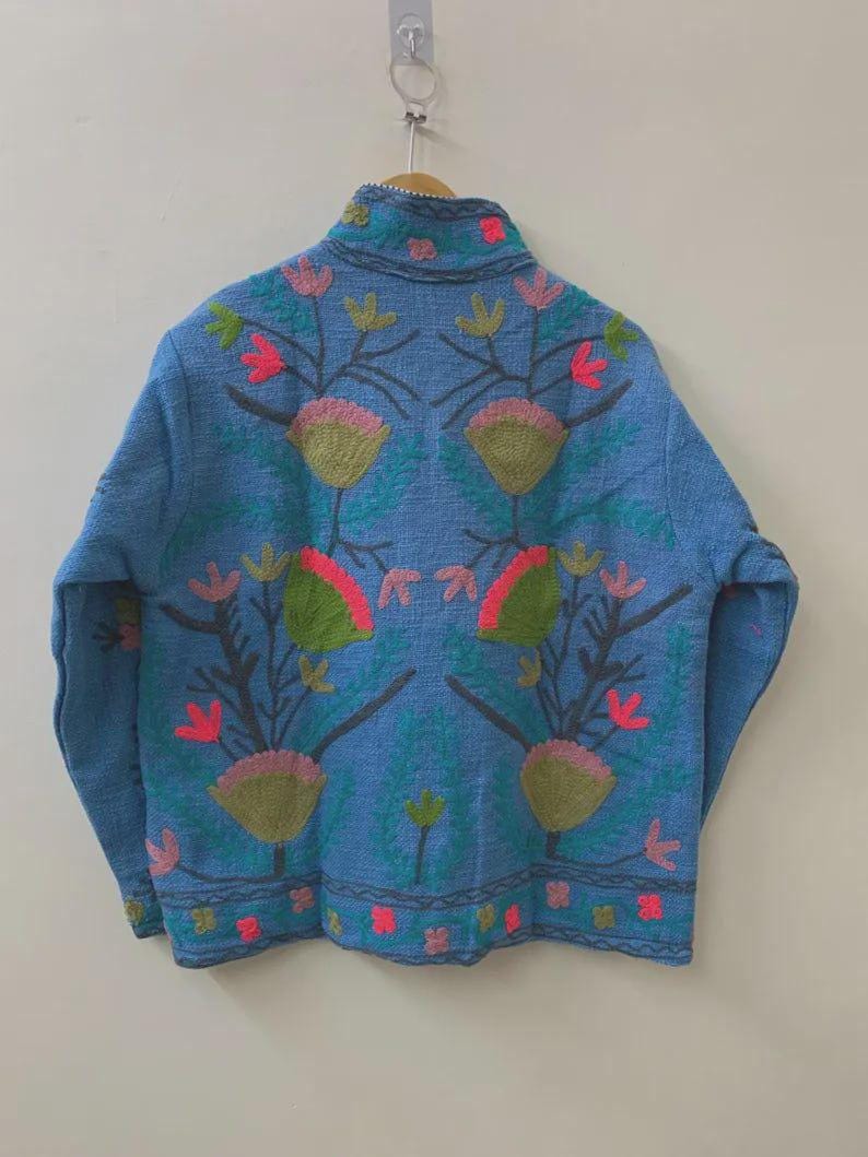Embroidered Cotton Velvet Suzani Jacket, Bohemian Floral Folk Art Coat Bohozani