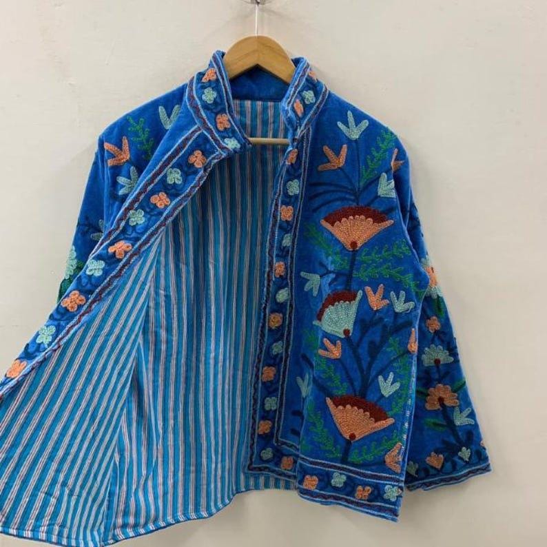 Hand-Embroidered Suzani Velvet Jacket | Cropped Floral Ethnic Outerwear Bohozani