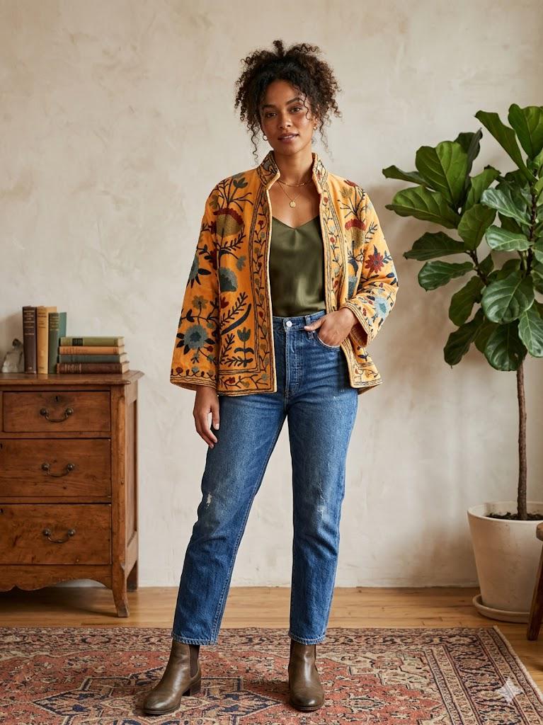 Velvet Suzani Jacket – Hand-Embroidered Boho Ethnic Kimono Outerwear Bohozani