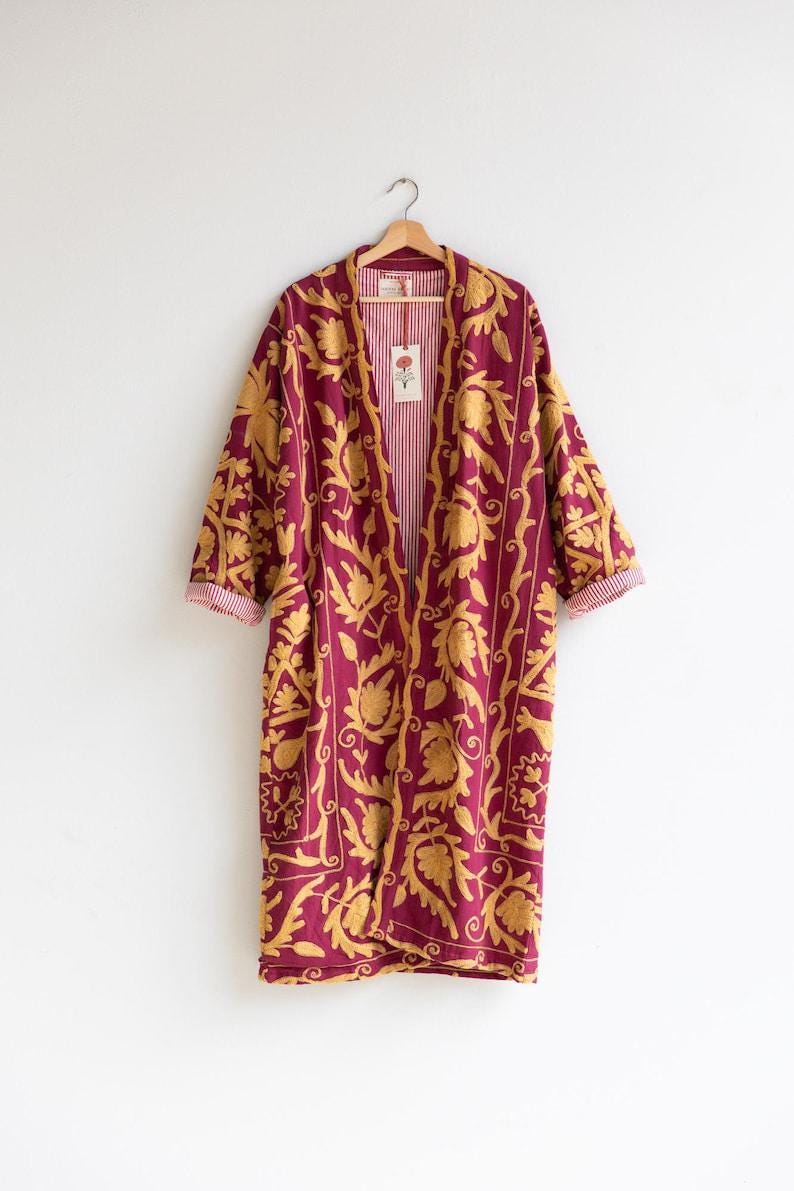 Hand Embroidered Suzani Kaftan – Organic Cotton Boho Kimono Coat Bohozani