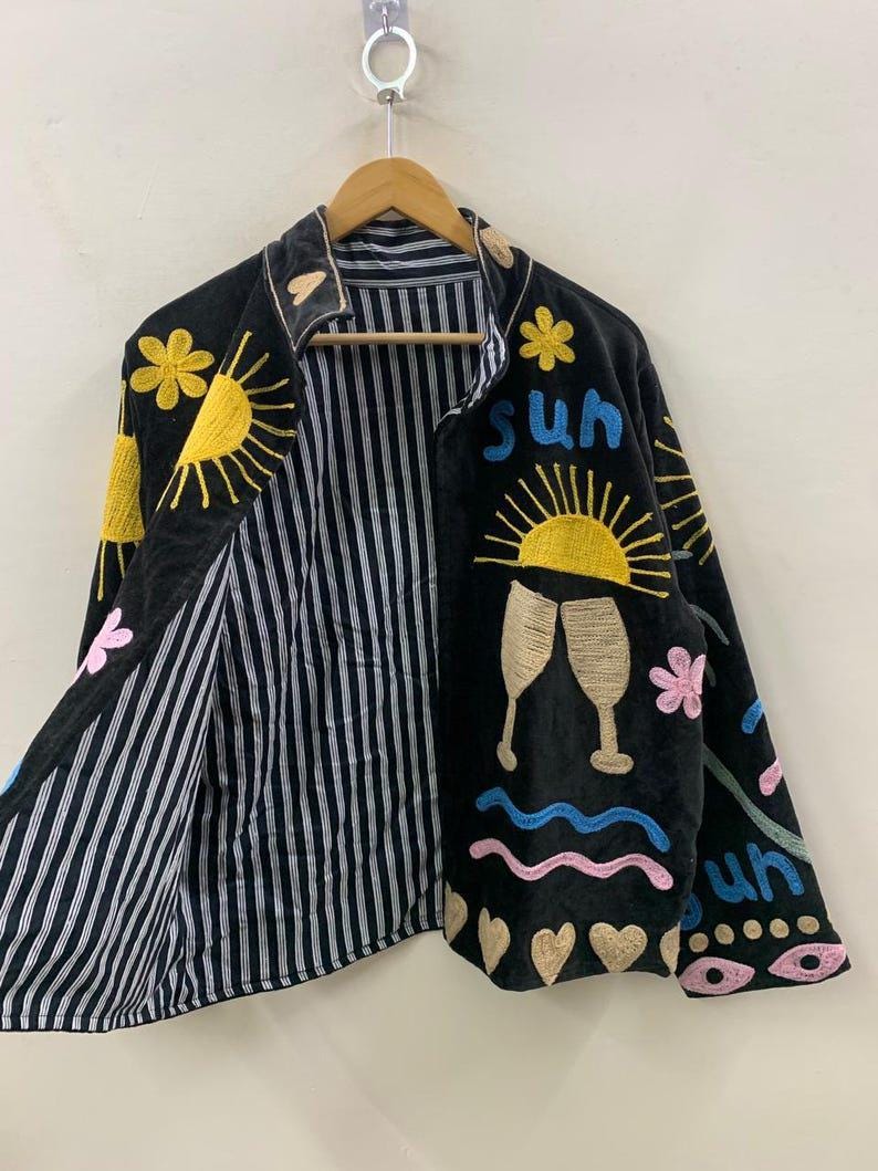 NEW COLLECTION Black Hand-Embroidered Velvet Suzani Jacket – Boho Ethnic Kimono Outerwear Mother's Day Gift Bohozani