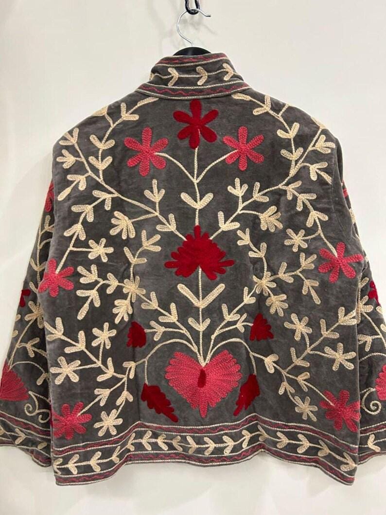 Grey Suzani Boho Jacket – Floral Embroidery Coat, Vintage Textile Jacket, Artisan Handmade Outerwear Bohozani