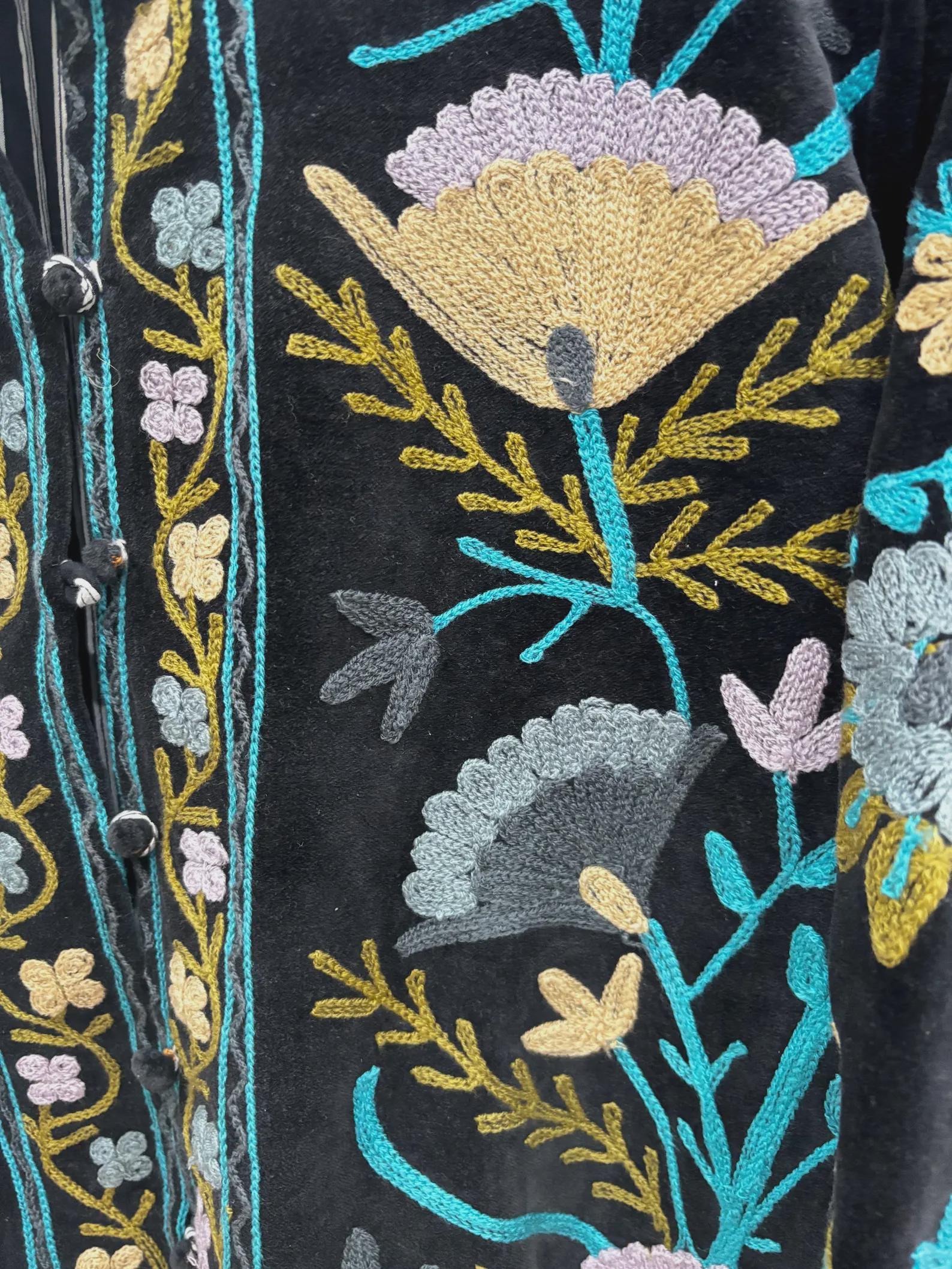 Embroidered Velvet Cropped Jacket | Colorful Suzani Floral Outerwear Bohozani