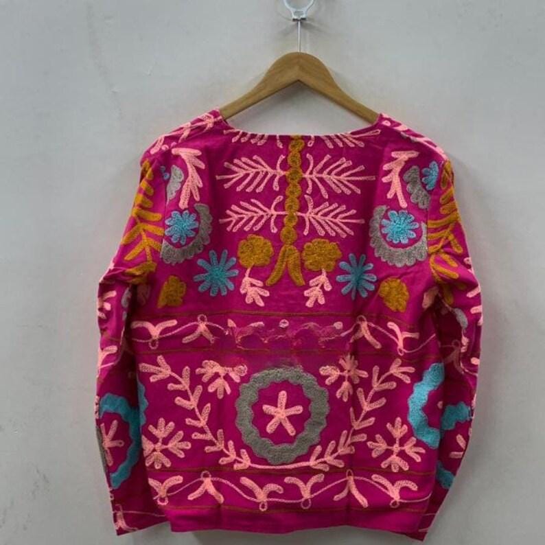 Pink Handmade Floral Red Velvet Suzani Embroidered Jacket Bohozani