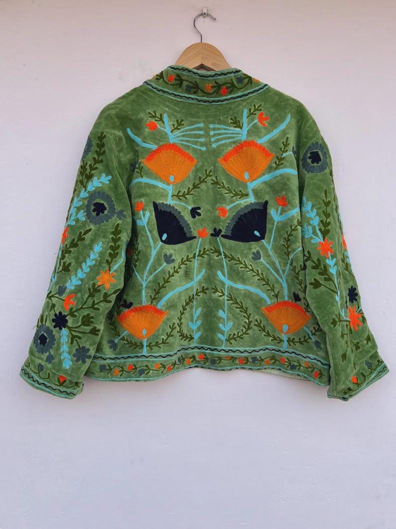 Green Handmade Velvet Suzani Kimono Jacket | Embroidered Uzbek Coat | Gift For Her Bohozani