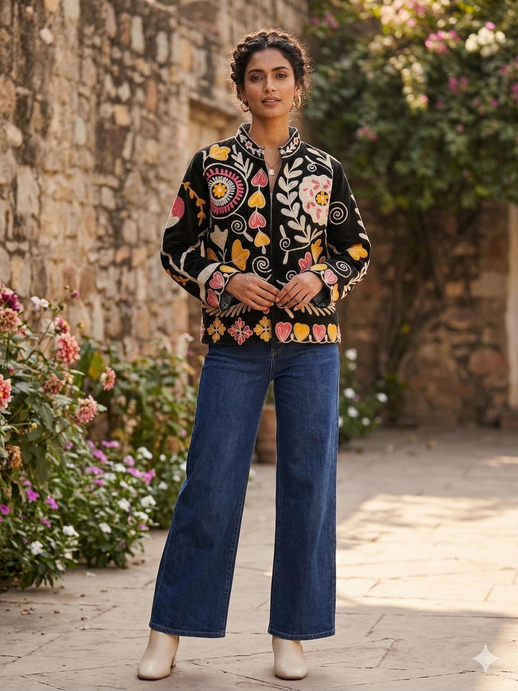 Coachella Festival Style Girl Jean Jacket, The Back is Decorated with Embroidered Rose Flower Patterns Bohozani