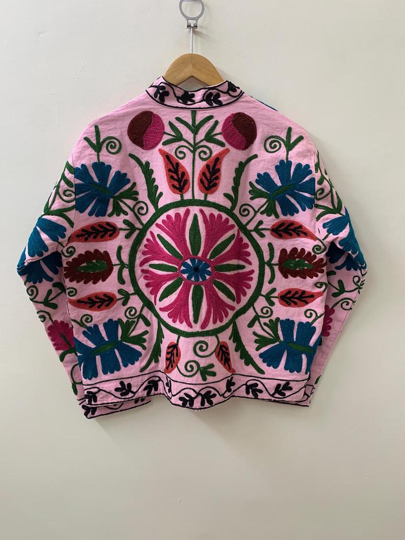 Pink Suzani Embroidered Velvet Jacket – Boho Floral Kimono Coat Bohozani