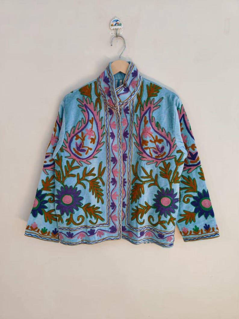 Velvet Suzani Embroidered Jacket | Lightly Padded Cropped Outerwear | Boho Floral Style Bohozani