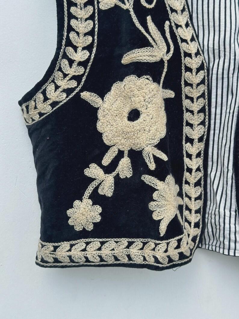 Black Velvet Suzani Vest | Embroidered Floral Boho Waistcoat, Cotton Lined Jacket Bohozani