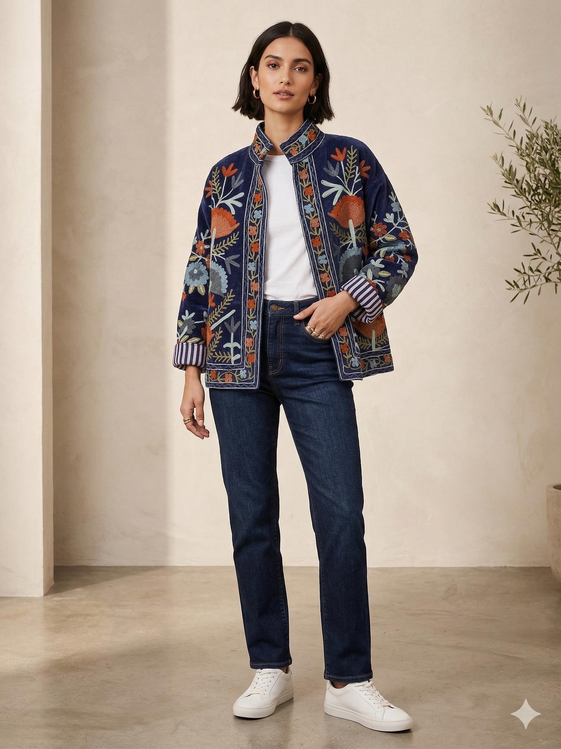 Antique Blue Color Velvet Suzani Jacket – Hand-Embroidered Boho Ethnic Kimono Outerwear Bohozani