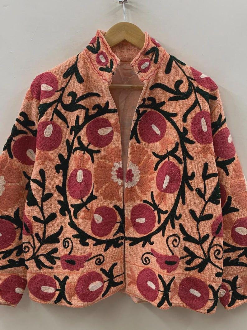 Bohemian Suzani Embroidered Cotton Jacket, Floral Folk Art Short Coat Bohozani