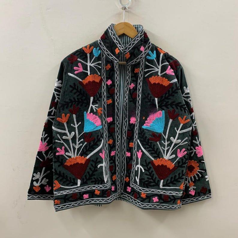 Suzani Embroidered Velvet Cropped Jacket | Bohemian Festival Coat Bohozani
