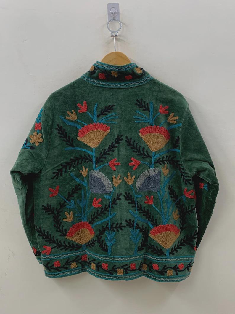 Green Handmade Floral Velvet Suzani Embroidered Jacket Bohozani