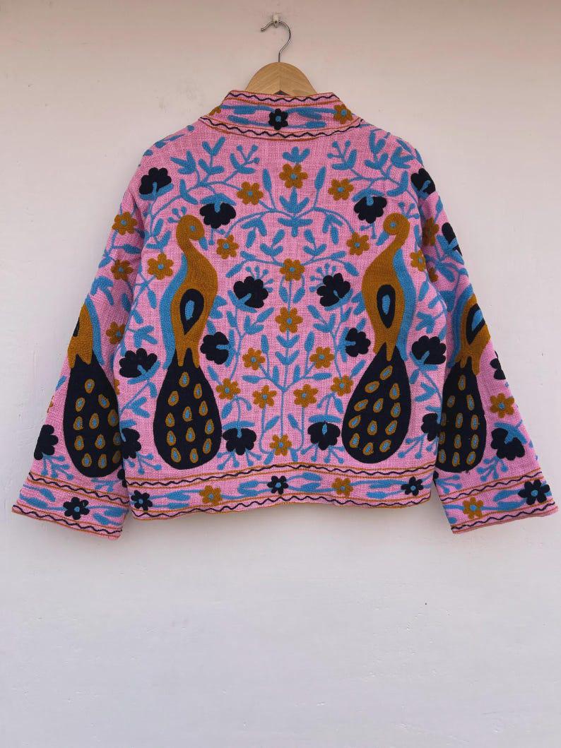 Pink Peacock Embroidered Suzani Jacket | Vibrant Boho Duster | Gift For Her Bohozani