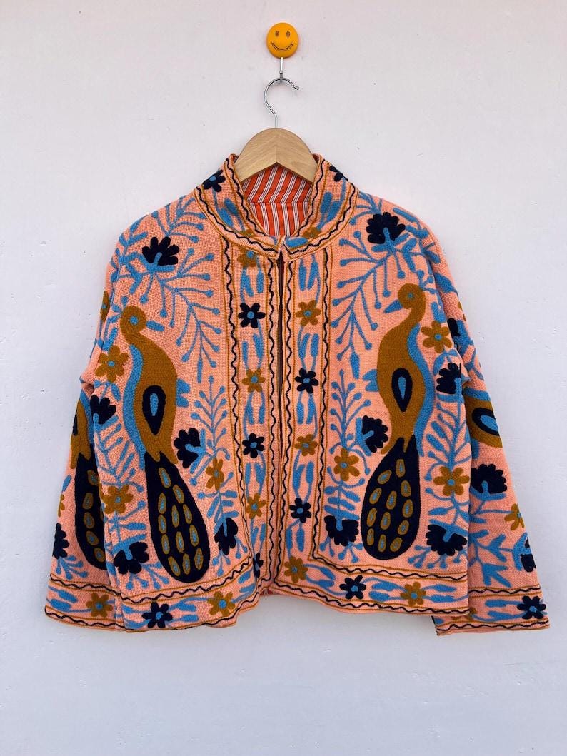 Peacock Embroidered Suzani Short Jacket | Vibrant Boho Duster | Gift For Her Bohozani