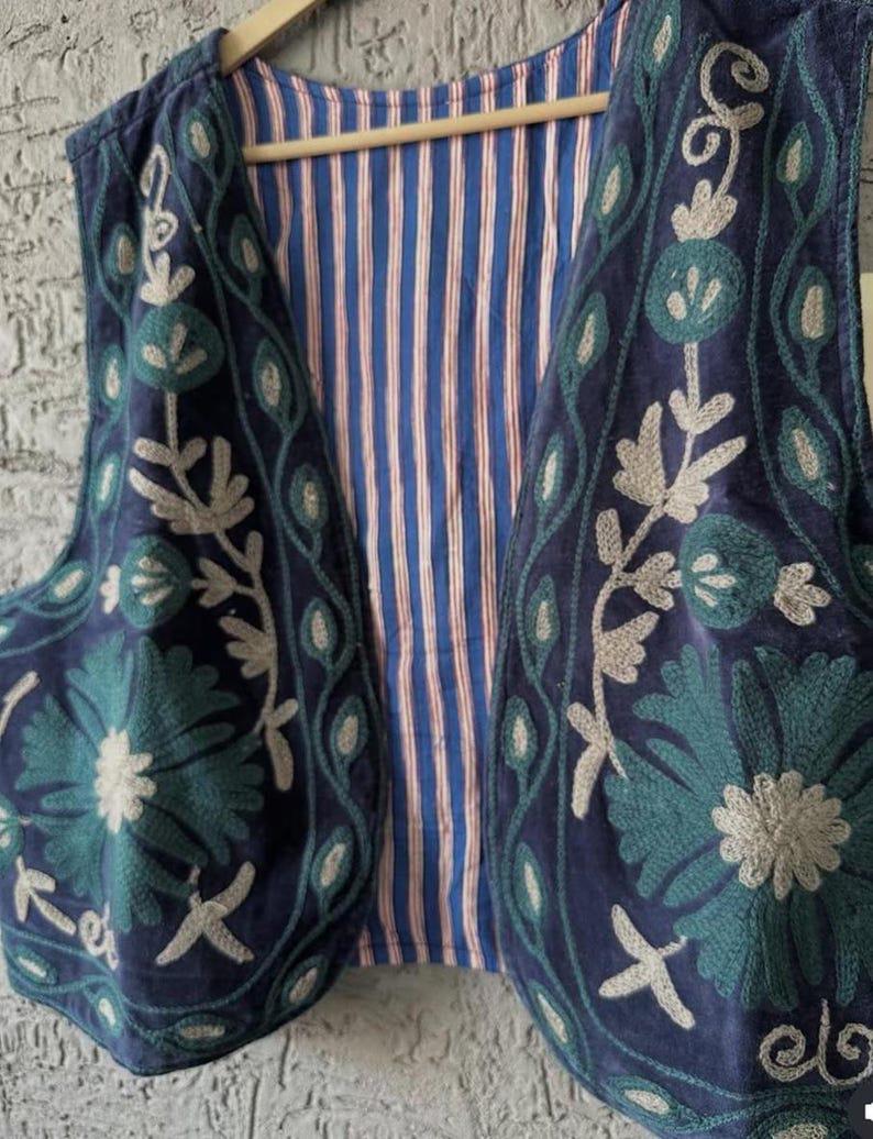 Handmade Suzani Velvet Vest | Embroidered Boho Jacket, Cotton Lined Ethnic Wear Bohozani