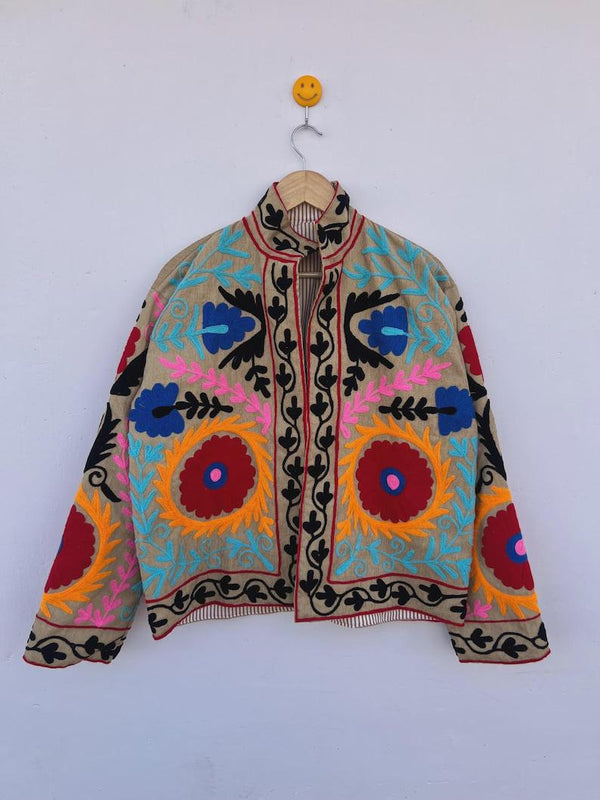 Bohemian Cotton Velvet Suzani Embroidered Jacket, Floral Folk Art Coat Bohozani