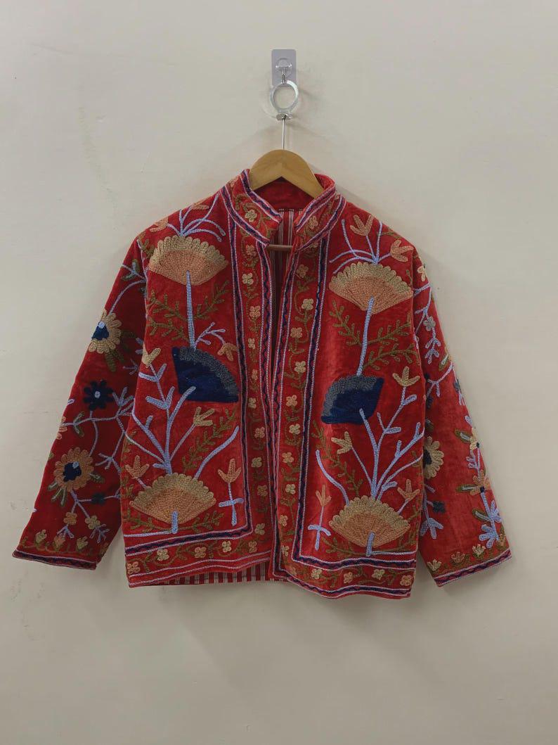 Red Velvet Suzani Jacket – Hand-Embroidered Boho Ethnic Kimono Outerwear Bohozani